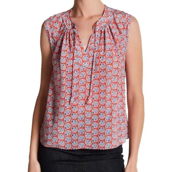 Rebecca Taylor Size 0 Tangerine Pink Amanda Print Top Silk VNeck Sleeveless - Picture 11 of 12